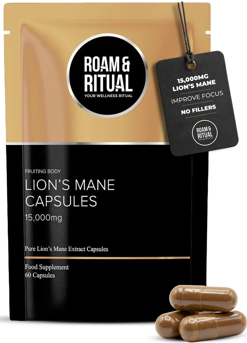 Lions Mane Supplement 15,000mg | High-Strength Fruiting Body Extract | Lion's Mane Mushroom 15:1 Extract for Focus & Mental Performance - 60 Capsules Made in the UK by Roam & Ritual™