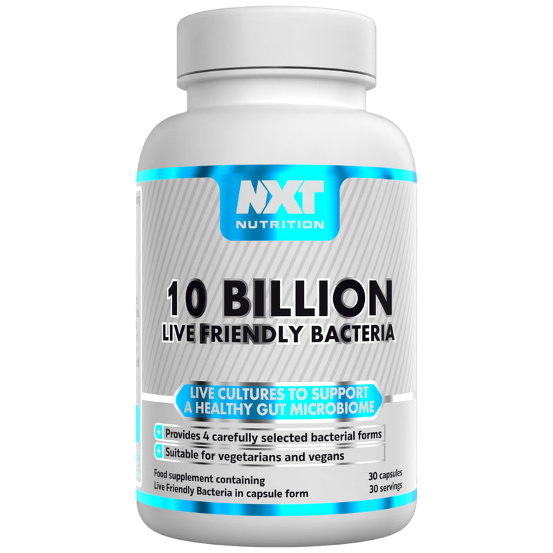 NXT Nutrition Live Friendly Bacteria - 10 Billion CFU Probiotic | 4 Strain Blend with FOS Prebiotic | Gut, Digestion & Immunity Support | Vegan Probiotic Supplement | 30 Capsules (30 Servings)