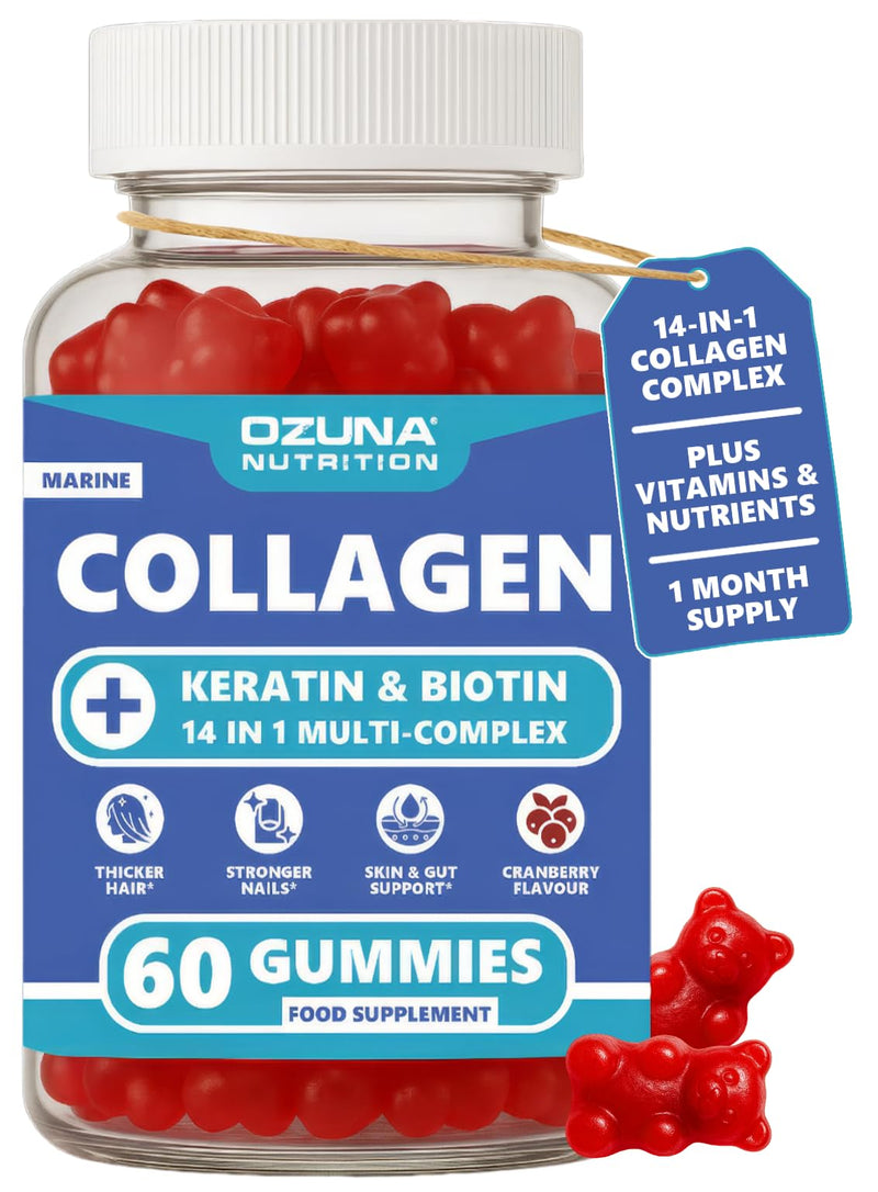 Marine Collagen Gummies with Keratin, Biotin & Bamboo | 14-in-1 Multi-Complex | Cranberry Flavour | 60 Gummies | Supports Hair, Skin, Nails & Joints