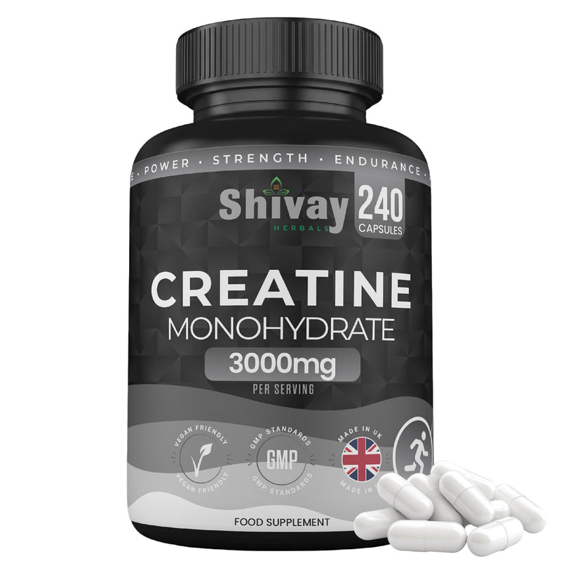 Creatine Monohydrate 240 Vegan Capsules – 3000mg per Serving | High Strength Pure Micronised Creatine | Muscle Strength, Power & Endurance - Made in UK by Shivay Herbals 240 Capsules