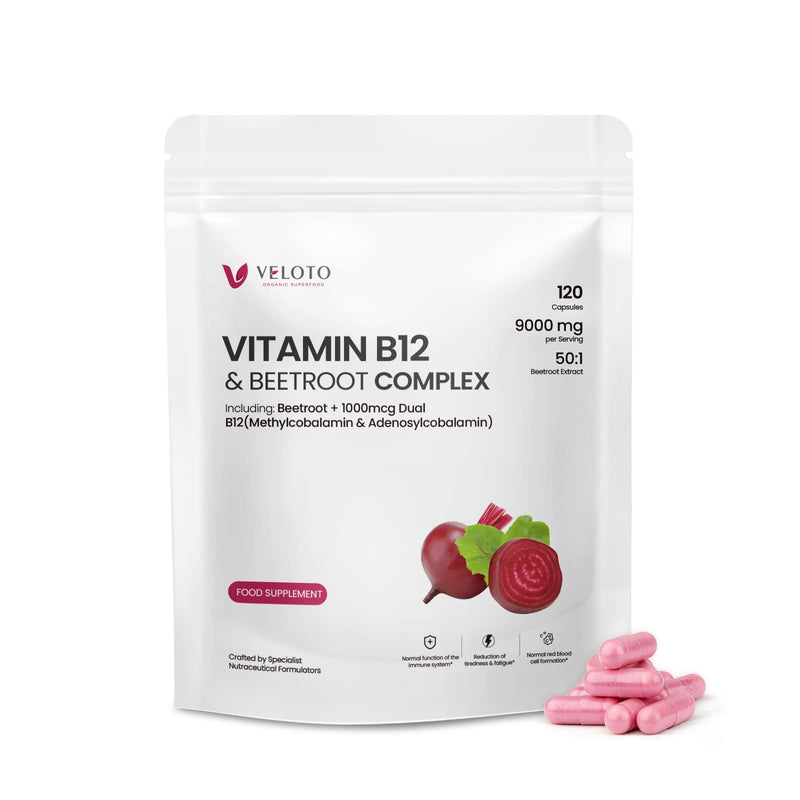 VELOTO Beetroot Capsules with Vitamin B12, High Strength 9000mg 50:1 Extract, 1000mcg Dual Active B12 Methylcobalamin & Adenosylb12, Vegan, Supports Energy Circulation & Immune Function, 120 Capsules