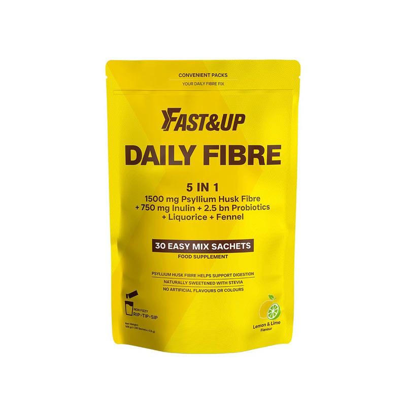 Fast&Up Daily Fibre 5 in1 - Psyllium Husk, Inulin, 2.5 bn Probiotics, Licorice & Fennel for Bowel Regularity & Digestion – Easy Mix Powder – 30 Stick Packs – Lemon & Lime Flavoured Drink