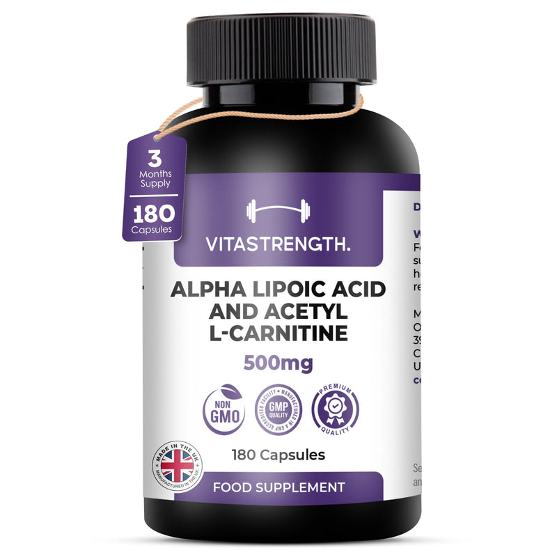 Alpha Lipoic Acid 200mg & Acetyl L-Carnitine 300mg | 500mg High Strength Total Per Serving | 180 Capsules (90 Day Supply) | Made in UK