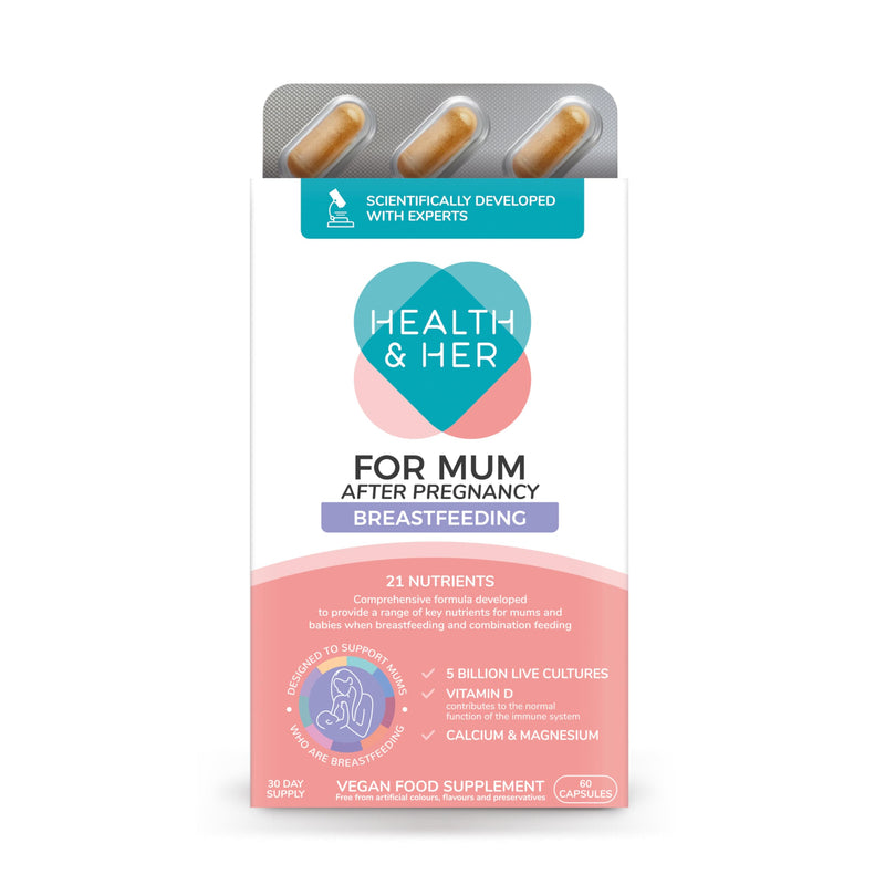 Health & Her For Mum After Pregnancy Breastfeeding Supplement - Postnatal vitamins for women - Contains 5bn live cultures, Vitamin D, Calcium, Magnesium - 1 month supply - 60 CAPSULES - Vegan & Gluten 60 count (Pack of 1)