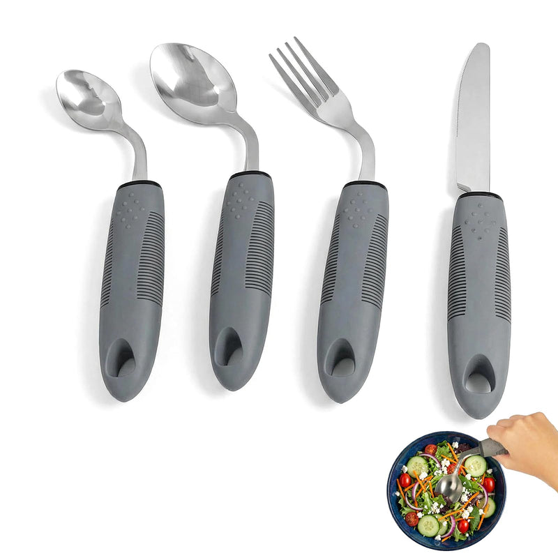 Cutlery for Arthritic Hands: 4PCS Stainless Steel Easy Grip Cutlery Adult (Right Hand) for Disabled Hands, Adults, Elderly with Parkinson's（Gray） Gray