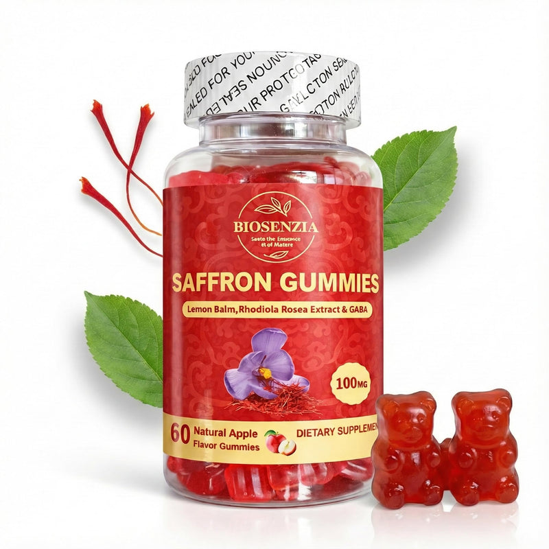 Saffron Flavoured Gummies with Lemon Balm & Rhodiola – Soft Supplement Fruit Gummies – Apple Flavour – Vegetarian – 60 Gummies