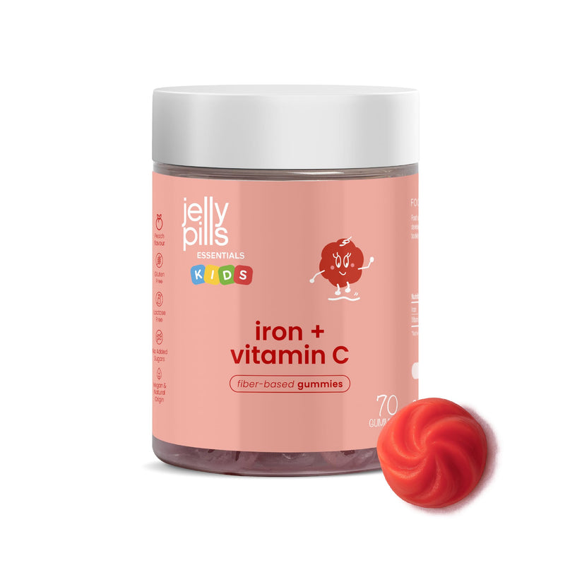 Jelly Pills Iron Gummies for Kids 14 mg + Vitamin C 15 mg - 60 Gummies 2-Month Course - Sugar Free - Peach Flavour - Cognitive Development, Energy & Blood Formation Support