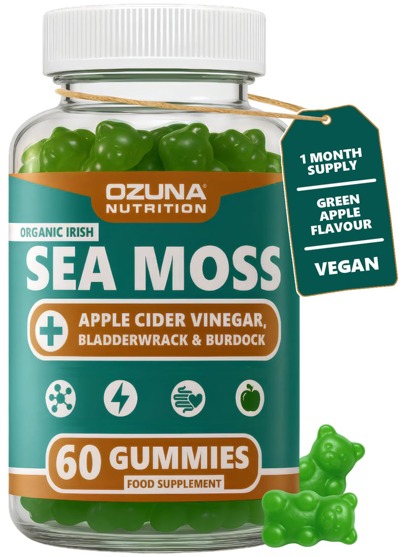 Sea Moss Gummies with Apple Cider Vinegar, Bladderwrack & Burdock | 60 Vegan Gummies | Green Apple Flavour | Irish Sea Moss Gummy | Daily Wellness & Routine Support