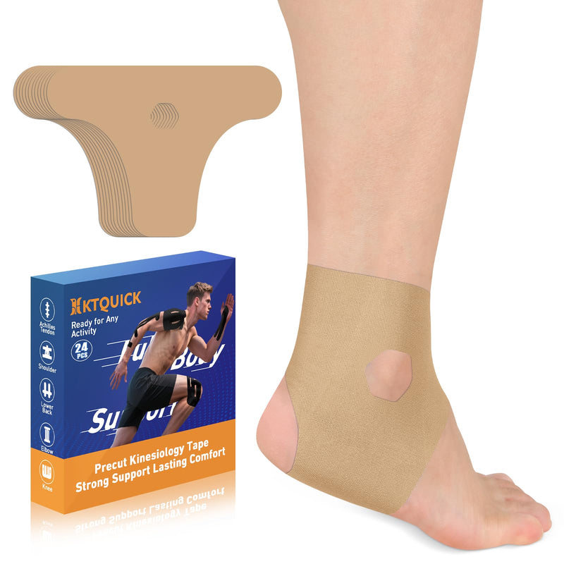 Precut Kinesiology Tape for Ankle, KTQUICK 24PCS Daily Sports Tape, Waterproof Athletic Support Tape, Discomfort Relief & Breathable Elastic Tape for Ankle Sprain Prevention and Muscle Pain(Skin) Skin