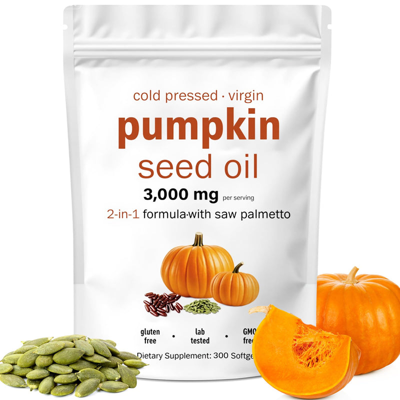 Pumpkin Seed Oil Capsules, Cold Pressed, Pure Virgin Oil, 300 Softgels Essential Fatty Acids & Phytosterols, 100 Days Supply Benefits for Hair Health, Non-GMO