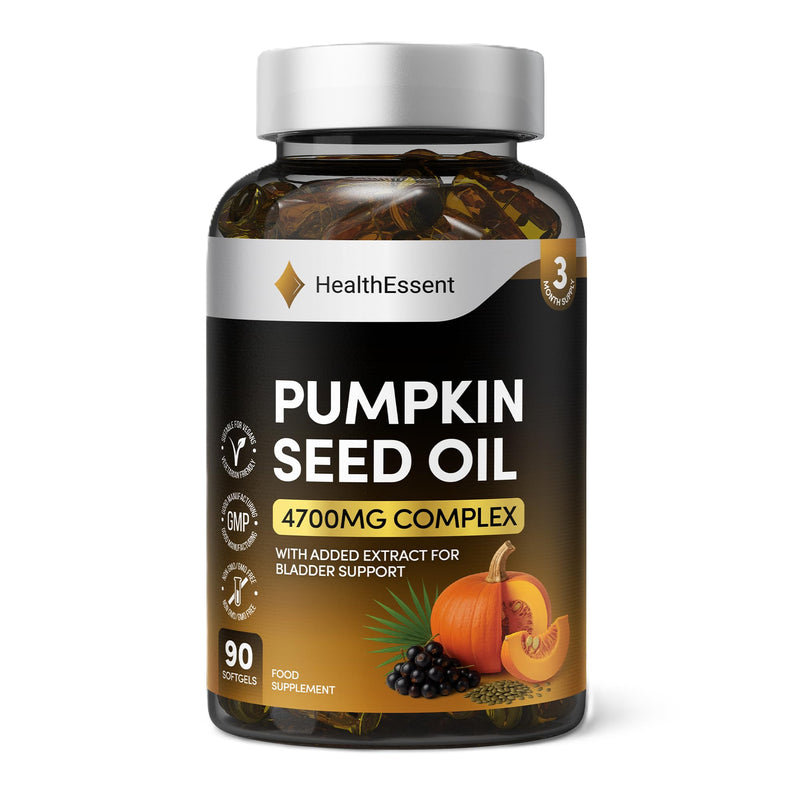 HealthEssent Pumpkin Seed Oil & Extract Capsules 4700mg Complex, Curcubita Pepo Omega 6 & 9 - High Strength Pumpkin Seed Oil for Hair & Prostate Support, Vegan & Non-GMO - 90 Softgels
