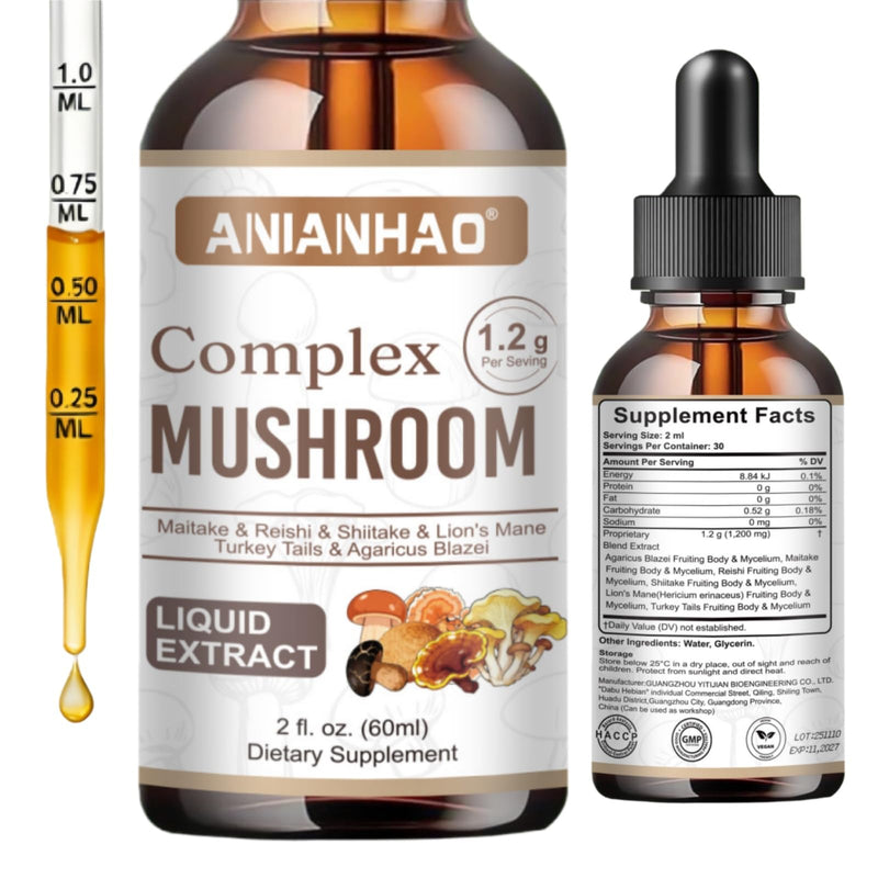 Mushroom Complex 6 1200mg | Mushroom Supplement with Lions Mane, Reishi, Agaricus, Shiitake, Turkey Tails & Maitake | High Strength for Immune, Brain, Focus & Energy | 100% Vegan 60ml