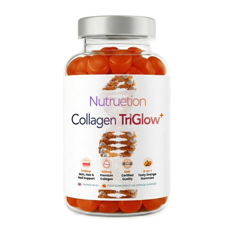 Bovine Collagen Gummies | TriGlow+ 8-in-1 Beauty Complex | 500mg Hydrolysed Bovine Collagen with Vitamin C, Biotin & Selenium | Skin, Hair & Nails Support | 90 Orange Gummies
