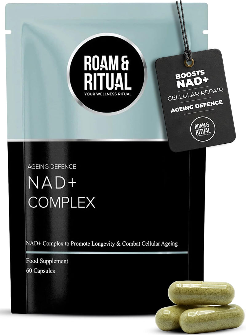 NAD+ Capsules - Complex Longevity Formula with NAD Plus, Nicotinamide Riboside, Resveratrol, TMG & Luteolin | Cellular Energy Support | UK Made Supplement | 60 Vegan Capsules by Roam & Ritual™