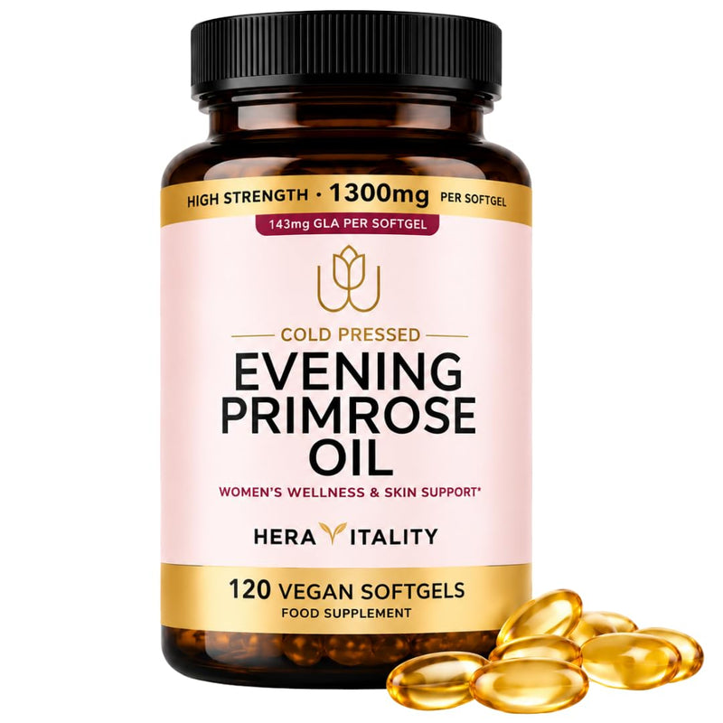Evening Primrose Oil 1300mg | High Strength Cold Pressed Evening Primrose Capsules | 143mg GLA per Softgel | 120 Vegan Softgels | Omega-6 Supplement Women's Wellness & Skin Health | 4 Month Supply 120 count (Pack of 1)