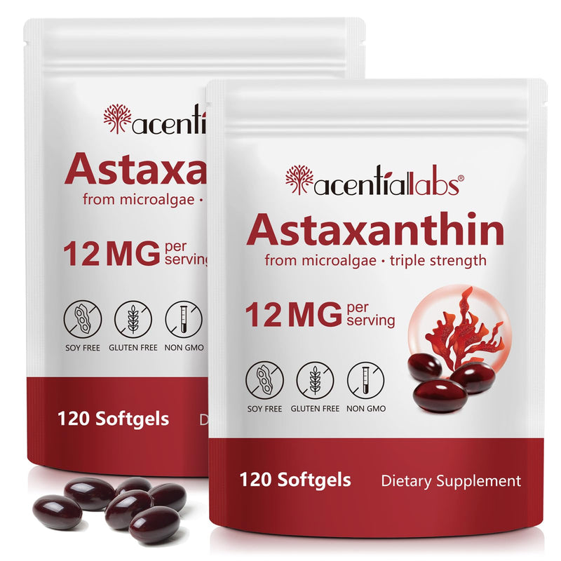 Astaxanthin 12mg 2 Pack, Premium Antioxidant Supplements for Eye, Skin Support, Natural Microalgae Source, Non-GMO, Gluten-Free, 240 Softgels 120 count (Pack of 2)