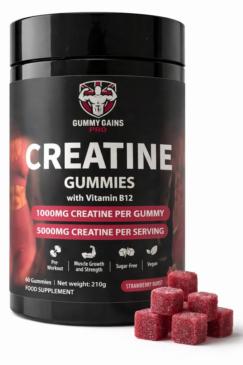 Creatine Gummies – 5000mg Creatine Monohydrate per Serving (1000mg per Gummy) – Vegan, Sugar Free – Gym & Training Support – for Men & Women – 60 Count (Strawberry) Strawberry