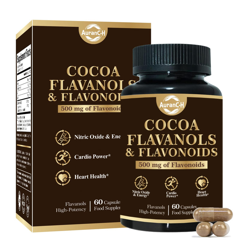 High Flavanol Cocoa Powder, Cocoa Cardio Health Supplement, 500mg Cocoa Flavanols, Support Heart Health, Boost Nitric Oxide, Blood Circulation, Energy, Vegan, Dark Chocolate, 60 Capsules