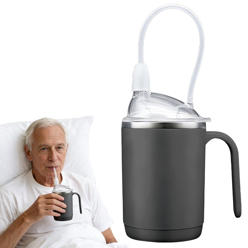 Beakers for Elderly 450ml, SGZIOO 3 in 1 Sippy Cup for Adults, Non Spill Cups for Elderly, Adult Sippy Cups for The Elderly Non Spill, with Lid, Straw, Brush, Aids for the Disabled Daily Living (Gray) Gray