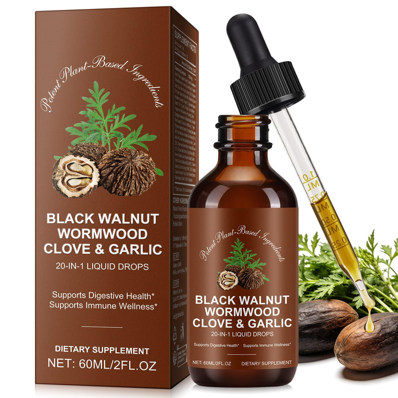 Wormwood Black Walnut Clove Drops, 20-in-1 Premium Herbal Blend Supplement Supports Rapid Gut Cleanse & Digestive Health, Daily Energy and Well-Being Black Walnut-60.00ml.