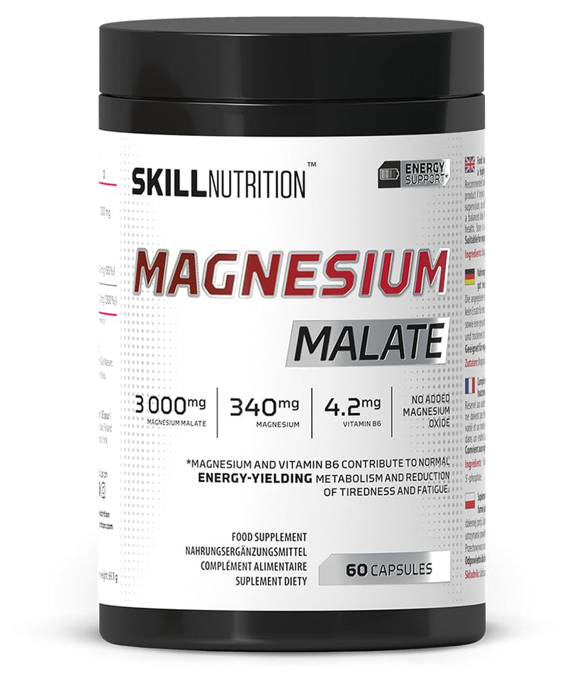 Skill Nutrition Magnesium Malate + Vitamin B6 | 340 mg Magnesium per Serving | 3000 mg Magnesium Malate, Active B6 P-5-P | No Magnesium Oxide | 60 Capsules