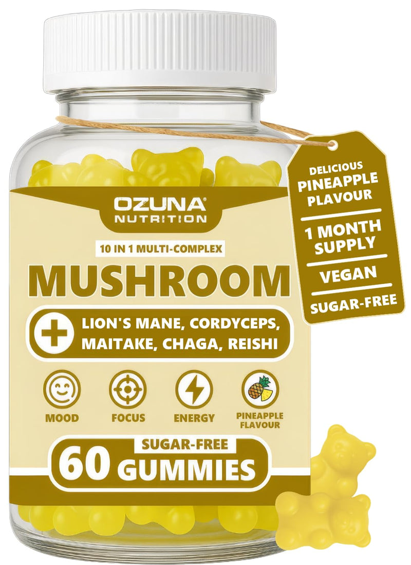 Mushroom Gummies | 10-in-1 | Vegan & Sugar-Free | with Lion’s Mane, Cordyceps, Reishi & Chaga | Pineapple Flavour | 60 Chewable Gummies | Energy, Vitality & Daily Wellness