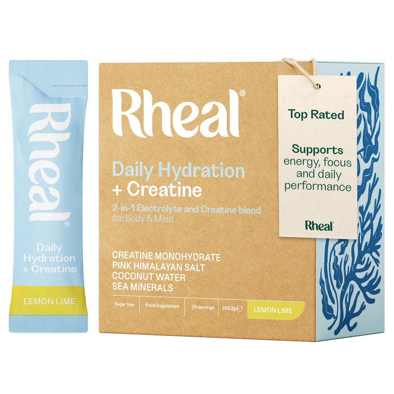 Rheal Hydration + Creatine Sachets, 28 Pack, Ready to Mix, Sugar Free Electrolytes with Creatine & Vitamins, Daily Hydration, Energy, Focus, Performance & Recovery – Lemon & Lime
