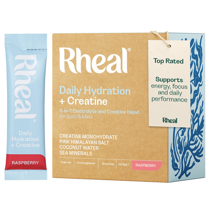 Rheal Hydration + Creatine Sachets, 28 Day Pack, Ready to Mix, Sugar Free Electrolytes & Vitamins, Daily Hydration, Energy, Focus, Performance & Recovery – Raspberry 28 Pack