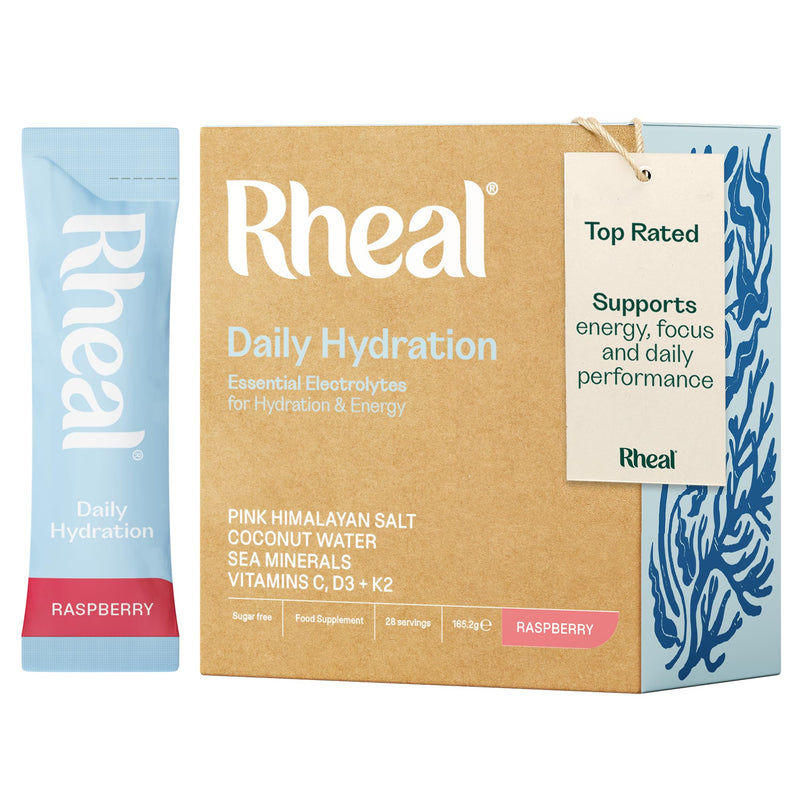 Rheal Hydration Sachets, 28 Pack, Ready to Mix, Essential Electrolytes & Vitamin Drink Powder, Sugar Free, Daily Hydration, Energy, Focus, Recovery & Reduced Fatigue – Raspberry