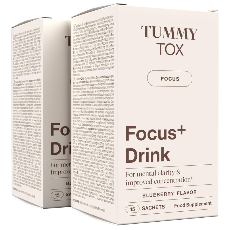 Focus Supplement with Ashwagandha, Taurine, Ginkgo Biloba, Guarana, Chicory, Blueberry Flavoured Drink, 30 sachets by Tummy Tox