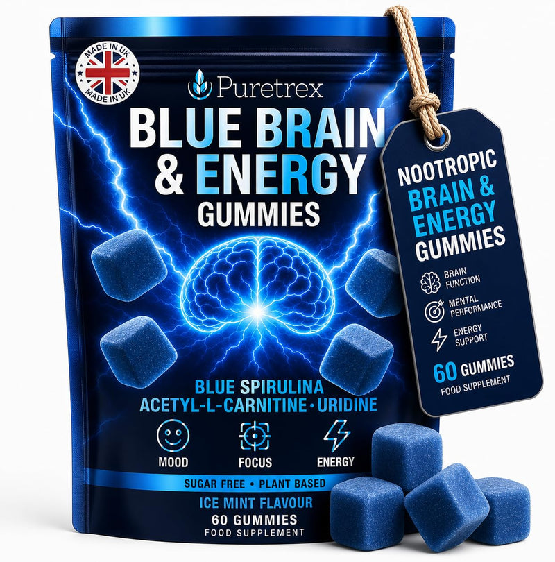 Puretrex Nootropic Gummies Blue Brain, 60 Count, Brain Focus and Energy Support, Memory and Cognitive Performance, Mental Clarity, Blue Spirulina, Acetyl L Carnitine, Made in UK, Ice Mint