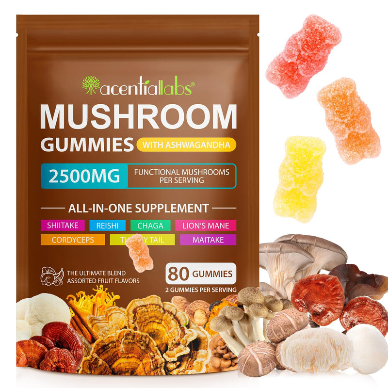 Mushroom Gummies, 80 Count Mushroom Supplement Gummies with Ashwagandha, Lion's Mane, Reishi & Chaga - All in One 2500mg Functional Mushrooms Support Immunity & Energy, Boost Vitality Overall Health