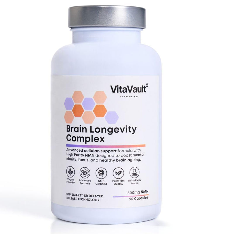 VitaVault NMN Supplement | 500mg with Resveratrol, Quercetin, TMG & Pterostilbene | NAD+ Support | 90 Capsules | Brain Longevity Complex | Supports Focus & Healthy Ageing | Sustained Release