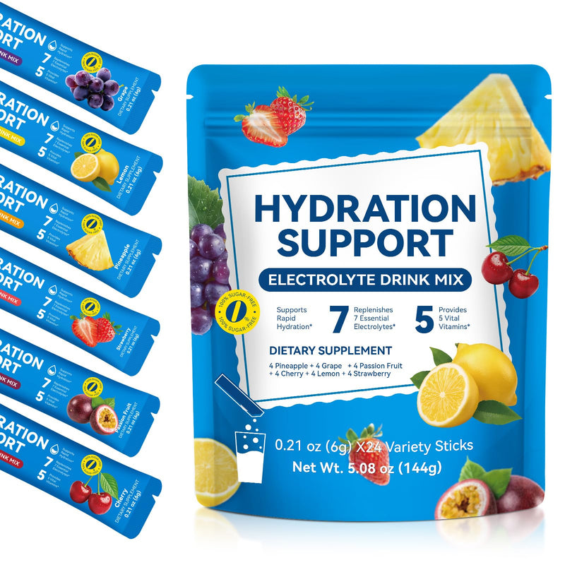 Electrolyte Powder Sachets, 24 PCS Electrolyte Powder Drink Mix with 7 Essential Electrolytes with Vitamins C & B Complex Hydration Support & Energy Metabolism, Sugar Free Assorted Fruit Flavors