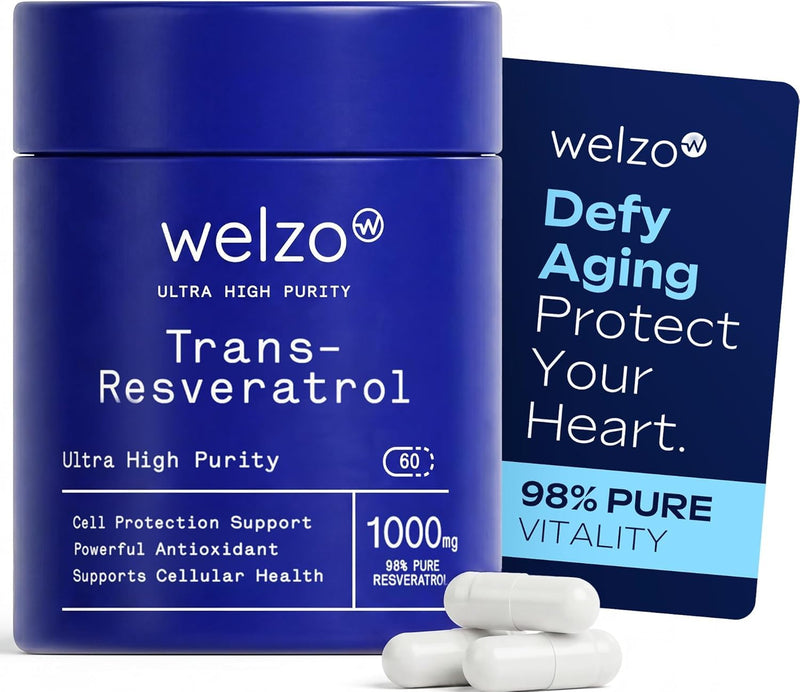 Welzo Trans-Resveratrol 1000mg Per Serving – 60 Vegetarian Capsules | High-Strength Antioxidant for Anti-Ageing, Cellular Purity & Longevity | 98% Standardised Japanese Knotweed | Third-Party Tested