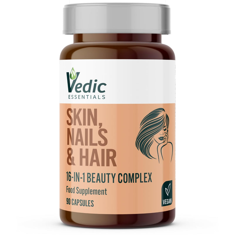 Vedic Skin Hair Nails Beauty Complex | 16-in-1 Vegan Capsules with Hyaluronic Acid, Biotin, Zinc, Selenium, Copper, Vitamins A B C D E | 90 Vegan Capsules