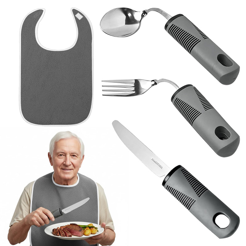 Adult Bibs and Twistable Cutlery with Chunky Handles Utensils Set for Elderly Arthritic Disabled Reuasable Clothing Protector and Meal Aids