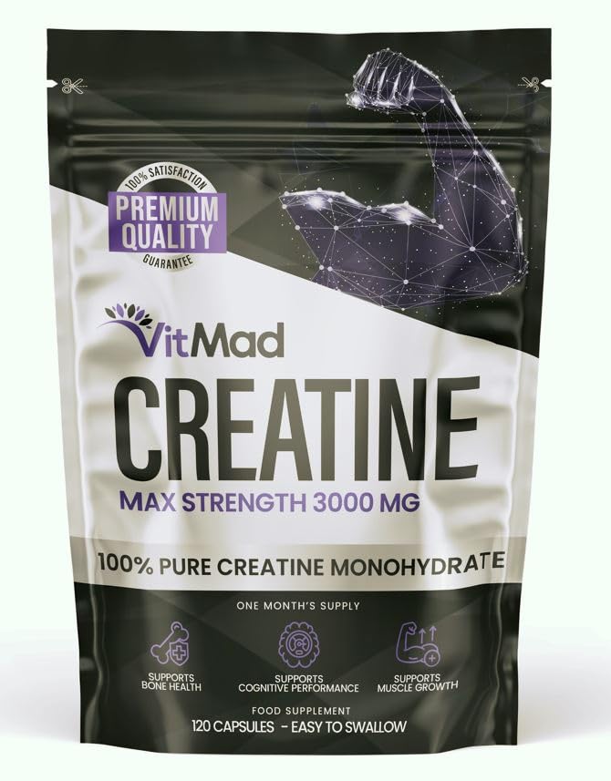 Pure Creatine Monohydrate Powder Capsules 3000mg - 120-200 Micronised Mesh - 1 Month Supply 4 per Serving Vegan Friendly