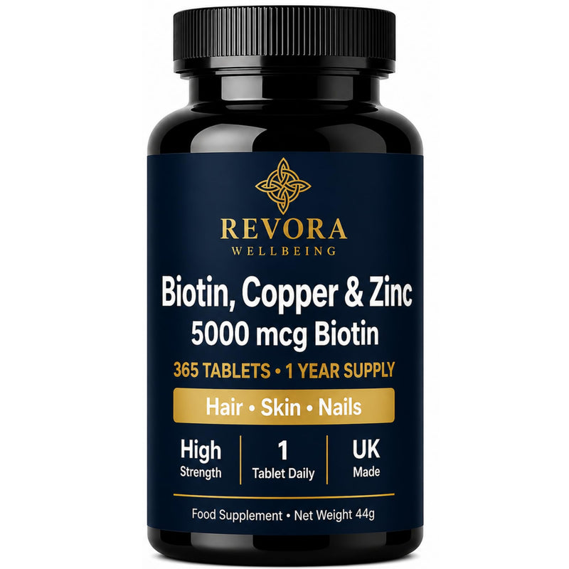 Biotin 5000mcg (Vitamin B7) with Zinc & Copper Tablets, 1 Year Supply, 365 Tablets, Hair Skin & Nails Support, High Strength Biotin Supplement, UK Made Vegan
