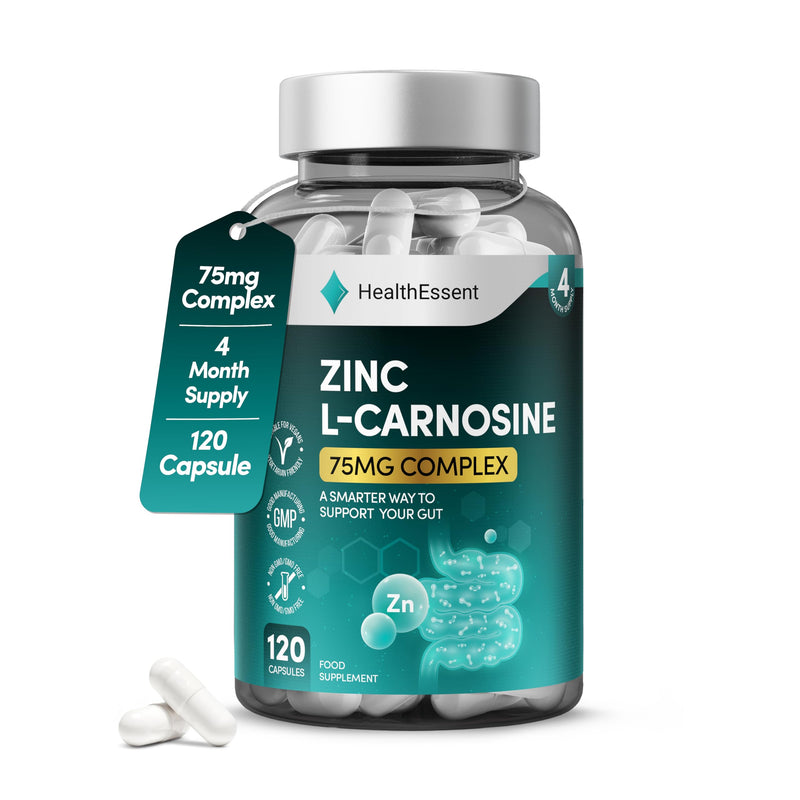 HealthEssent Zinc L-Carnosine Capsules 75mg - Gut & Stomach Health Supplement - (4 Month Supply) Digestive Care & Stomach Lining Protection, Non-GMO, No Preservatives - 120 Vegan Capsules