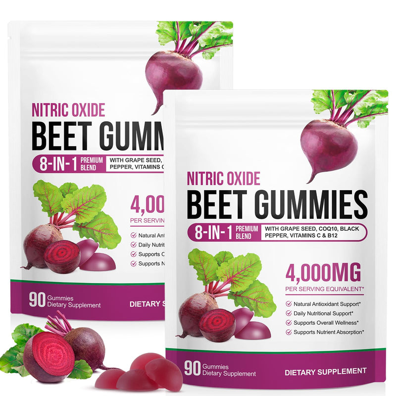 2 Pack Beet Root Gummies for Blood Pressure, Nitric Oxide Booster, Heart Health, Energy Level Suport | with CoQ10 & 20:1 Beet Root Extract, Grapeseed Extract, Vitamin B12/C, Sugar-Free | 90 Chews 90 count (Pack of 2)