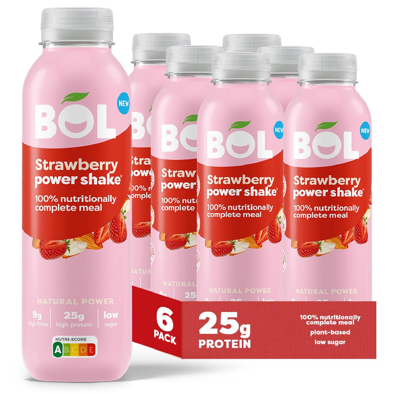 BOL Strawberry Power Shake - Ready-to-Drink Nutritionally Complete Meal (300Kcal) | 25g High Protein Shake | Low Sugar, High Fibre (9g), Plant-Based, Low Calorie Meal Replacement (410ml x 6 Bottles)