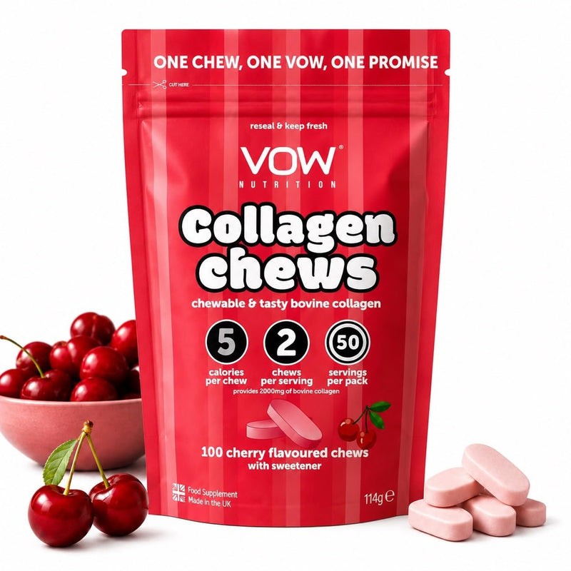 VOW Nutrition Collagen Chews, Bovine Collagen Supplement, 100 Chews, Cherry and Tropical Flavours, 1000mg per Serving, Joint and Skin Health Support (Cherry)
