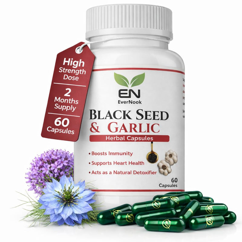 Black Seed & Garlic Capsules 500mg – 60 Vegetarian Capsules – Nigella Sativa & Garlic Powder Supplement – Natural Antioxidant Herbal Supplement – Supports Immunity, Heart Health & Detox