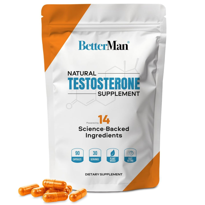 BetterMan Testosterone Support for Men – Boost Energy, Drive & Performance with 14 Science-Backed Ingredients Including Fadogia, Tribulus & Zinc – 90 Plant-Based Capsules
