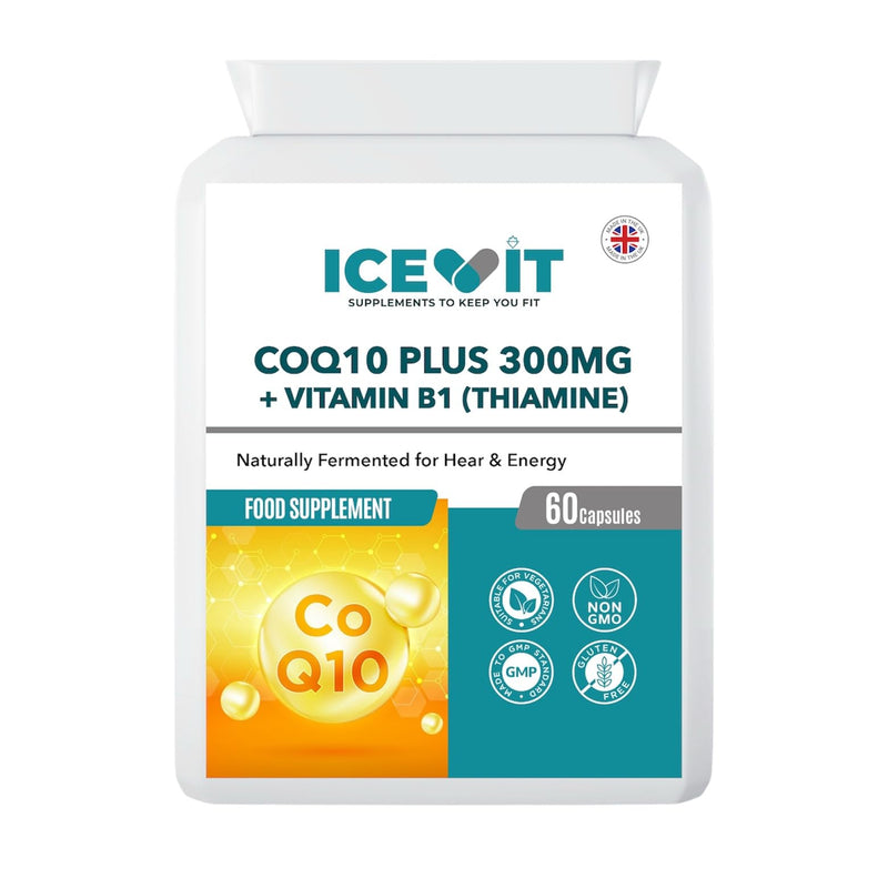 CoQ10 300mg with Vitamin B1 (Thiamine) – 60 Vegan Capsules – High Strength Coenzyme Q10 Food Supplement – Energy Metabolism Support – Made in UK