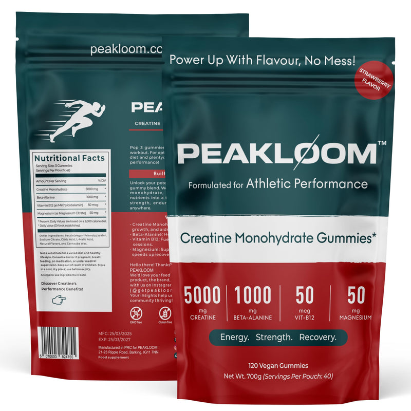 Creatine Monohydrate Gummies, 5000mg Creatine, 1000mg Beta-Alanine, with Added Magnesium & VIT B12, 120 Vegan Gummies, Creatine Supplement for Men & Women (40 Day Supply, Strawberry Flavour)