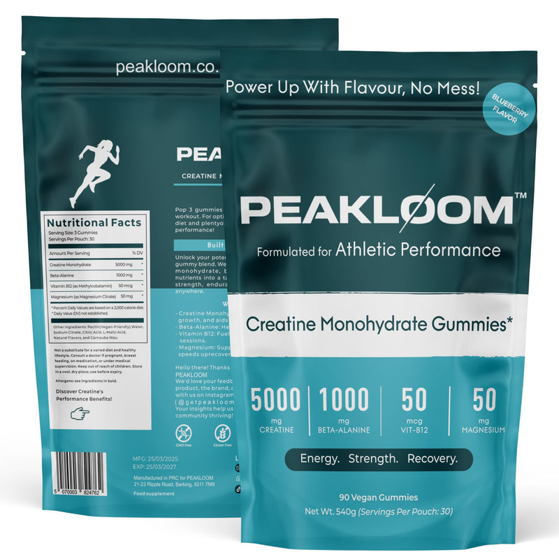 Creatine Monohydrate Gummies, 5000mg Creatine, 1000mg Beta-Alanine, with Added Magnesium & VIT B12, 90 Vegan Gummies, Gym Supplement for Men & Women (30 Day Supply, Blueberry Flavour)