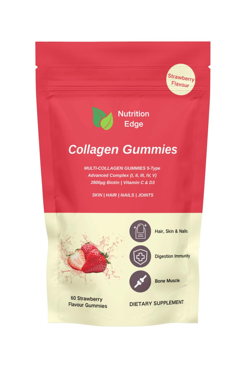 Nutrition Edge Multi Collagen Gummies (Types I, II, III, IV, V) with Biotin, Vitamin C & D3 - Skin, Hair, Nails and Joint Support - 60 Gummies
