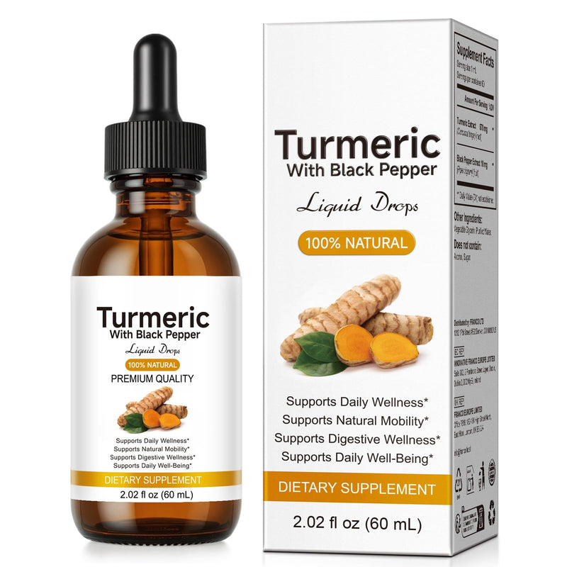 Turmeric Supplement Liquid 2.02 Fl oz - Natural Turmeric & Black Pepper Liquid Drops with Turmeric Root Extract and Piperine for Enhanced Absorption, Alcohol-Free, Sugar-Free & Vegan